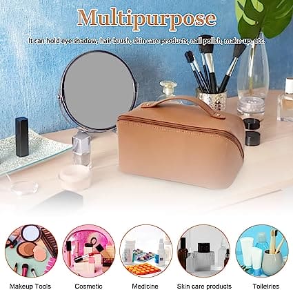 Classy Cosmetic Bag, Portable Leather Makeup Pouch, Waterproof Travel Washbag, Large Opening Makeup Bag, Multifunctional Leather Organizer Bag With Dividers And Handle, Lay Flat Large Opening Makeup Bag