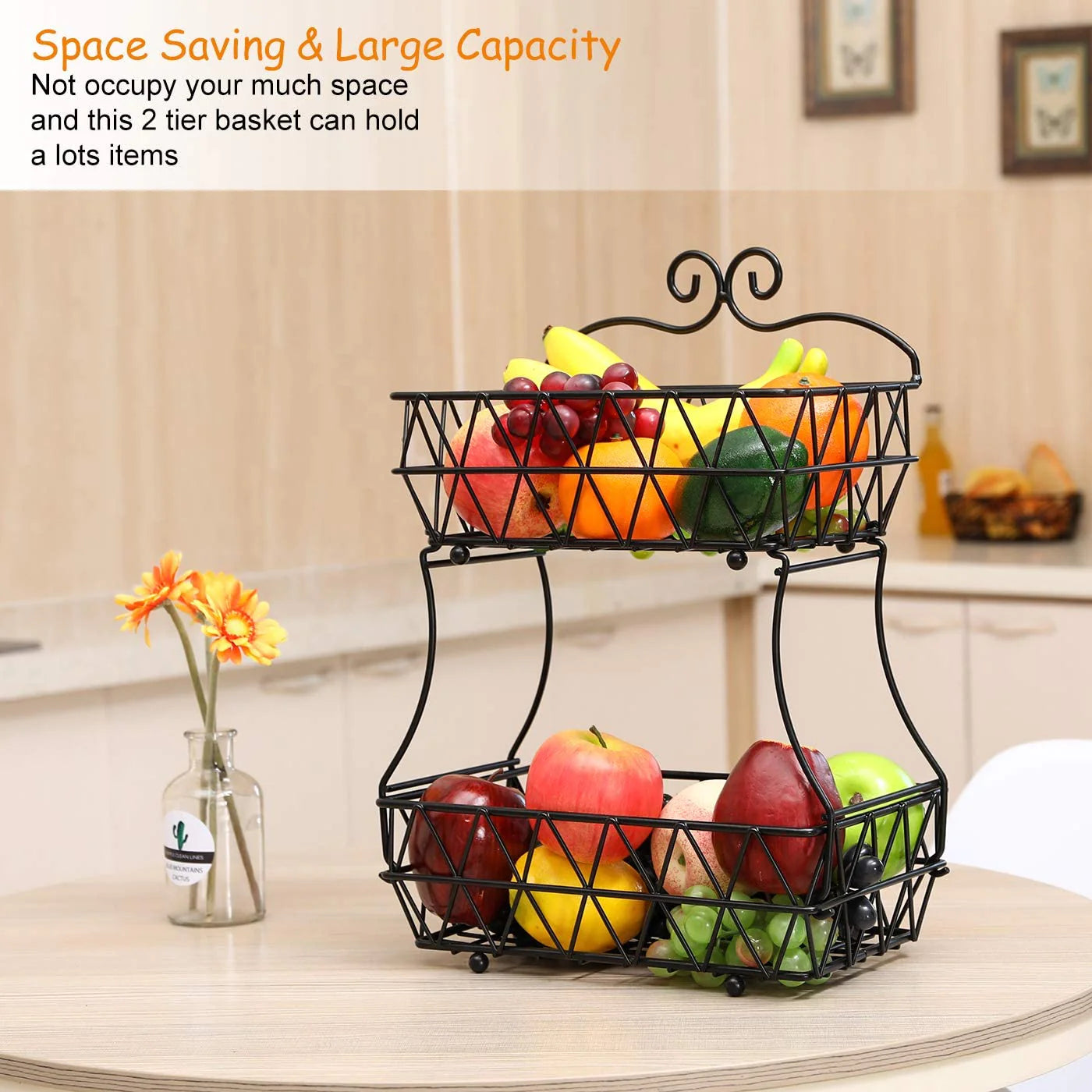 Regular Metal Fruit Basket, 2 Tier Metal Bread Basket, Portable Kitchen Storage Countertops Shelf Rack, Metal Black Fruit And Vegetable Storage Stand
