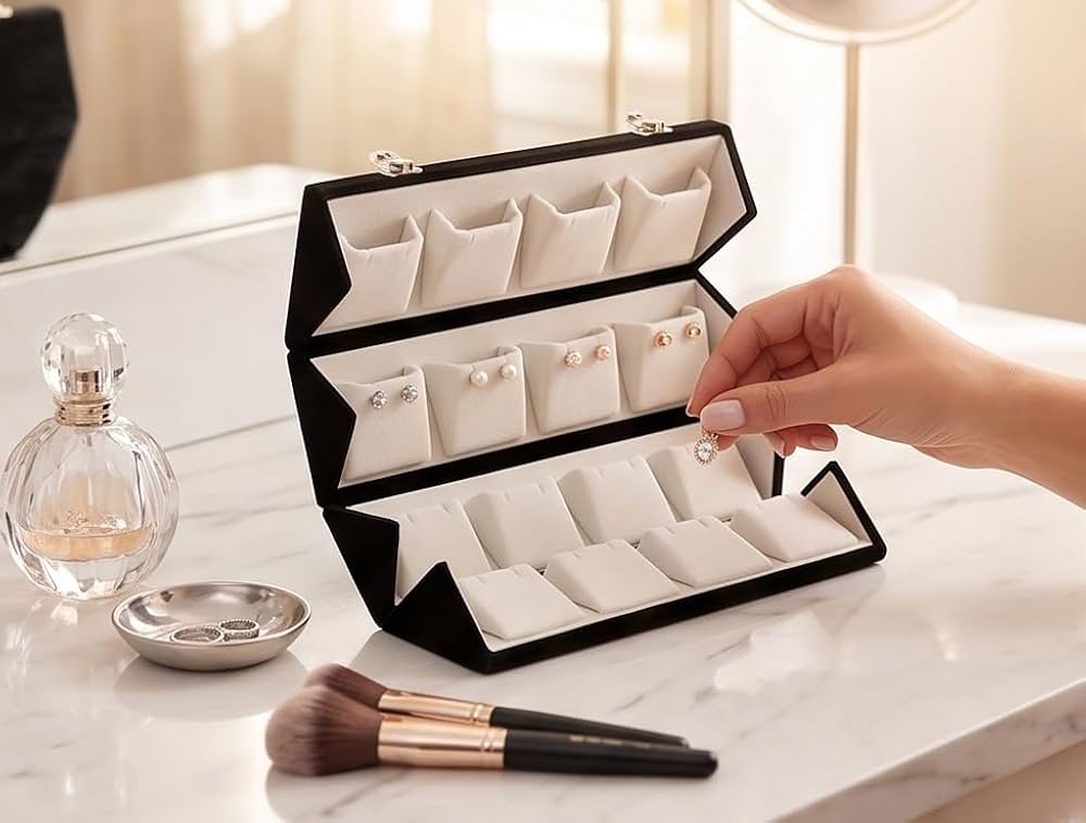 Foldable Earring Organiser Box, Portable Jewellery Display Storage, Large Capacity Necklace And Jewellery Organizer, Elegant Velvet Jewellery Storage Case