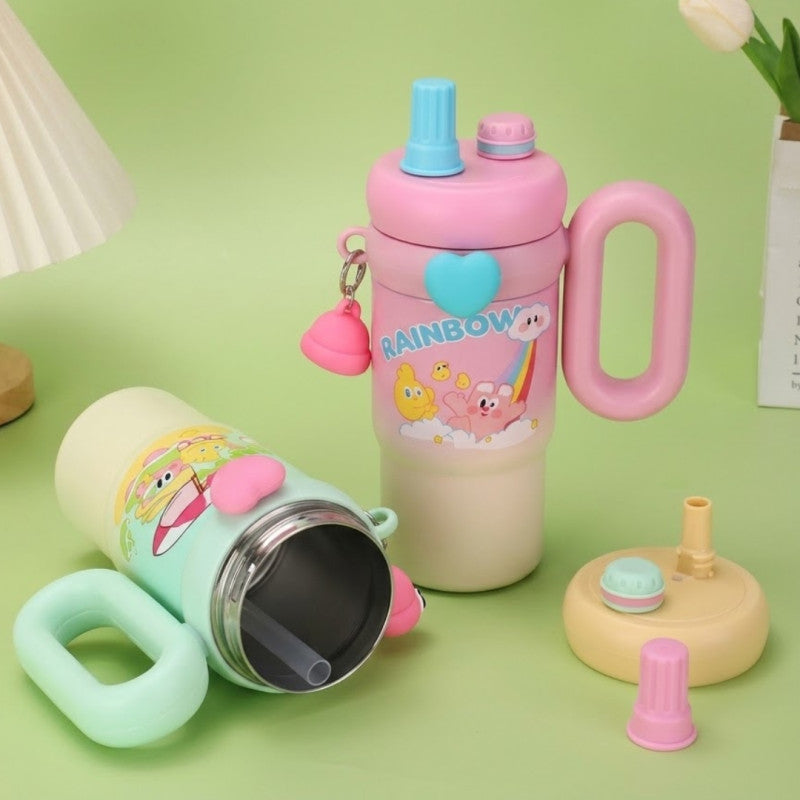 Cute Kawaii Rainbow Insulated Tumbler Sipper With Handle, Leak Proof Stainless Steel Straw Sipper, Easy Grip Vacuum Tumbler
