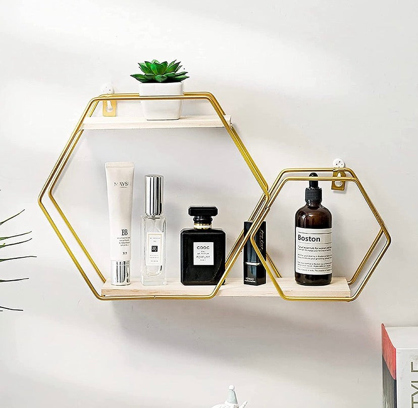 Double Layer Hexagonal Wall Floating Shelf, Nordic Style Hexagon Wall Shelf, Wall Mounted Rack for Books