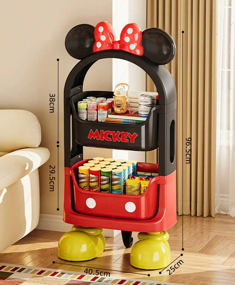 2 Tier Kids Disney Mickey Toy And Storage Trolley, Multi Purpose Kids Storage Cart with Wheels,     Children Rolling Storage Organizer