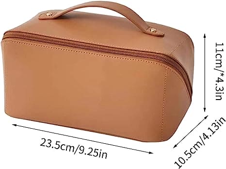 Classy Cosmetic Bag, Portable Leather Makeup Pouch, Waterproof Travel Washbag, Large Opening Makeup Bag, Multifunctional Leather Organizer Bag With Dividers And Handle, Lay Flat Large Opening Makeup Bag