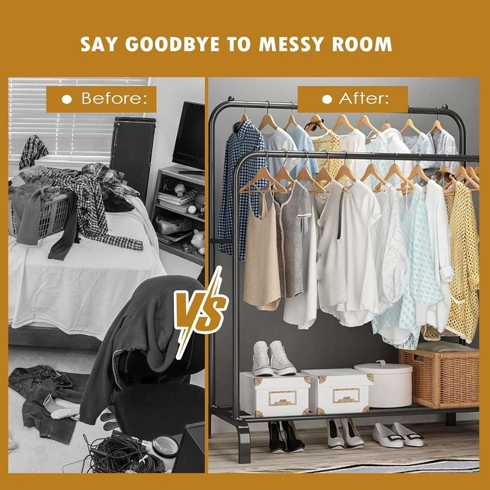 Dual Pole Metal Clothes Stand With Shoe Tiers, Standing Wardrobe Clothes Rack, Floor Stand Drying Rack