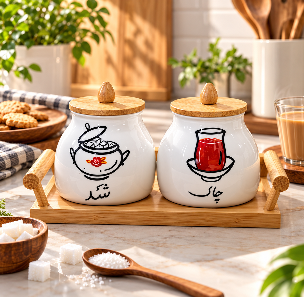 Ceramic Tea And Sugar Jar Set with Bamboo Tray, Elegant Chai And Shakar Container Set, Ceramic Tea Sugar Organizer with Bamboo Tray