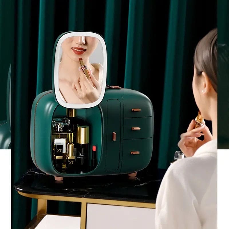 Modern Makeup Organizer Box With Led Mirror, Desktop Cosmetic Storage Box, Cosmetics Storage Display Rack with Drawer, Waterproof Dustproof Makeup Storage Box with Mirror, Makeup Skin Care Box with LED Lighted Mirror for Bathroom Dresser and Vanity