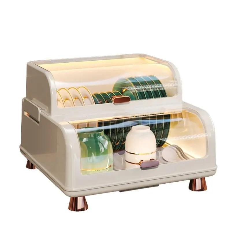 Double Layer Kitchen Dish Rack with Lid, Dustproof Dish Rack Organizer, Kitchen Dish Drying Rack, Multifunctional Storage Organizer