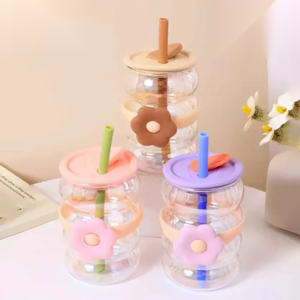 Flower Design Double Wall Glass Tumbler, Flower Pattern Borosilicate Drinkware, Coffee Mug With Lid