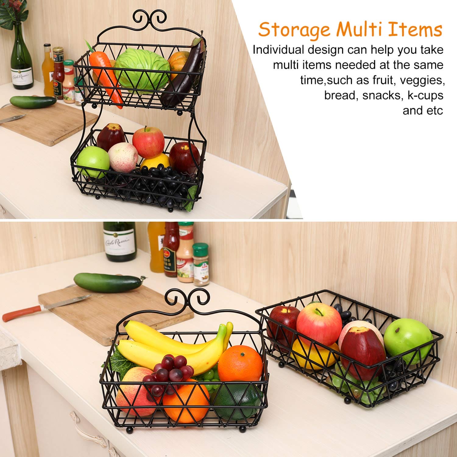 Regular Metal Fruit Basket, 2 Tier Metal Bread Basket, Portable Kitchen Storage Countertops Shelf Rack, Metal Black Fruit And Vegetable Storage Stand
