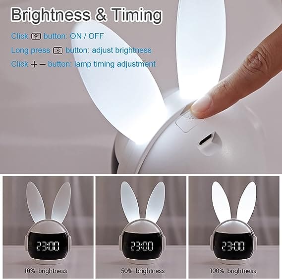Bunny Alarm Clock, Rabbit Alarm Clock For Girls And Boys, Cute Alarm Clock With Ringtones, Rechargeable Snoozing Night Light Clock