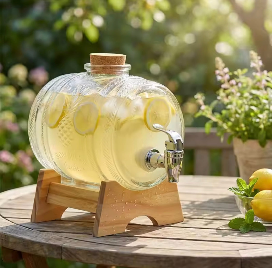 5L Crystal Barrel Glass Beverage Dispenser, Vintage Glass Drink Dispenser with Wooden Stand, Decorative Glass Lemonade Barrel, Elegant Serving Beverage Dispenser
