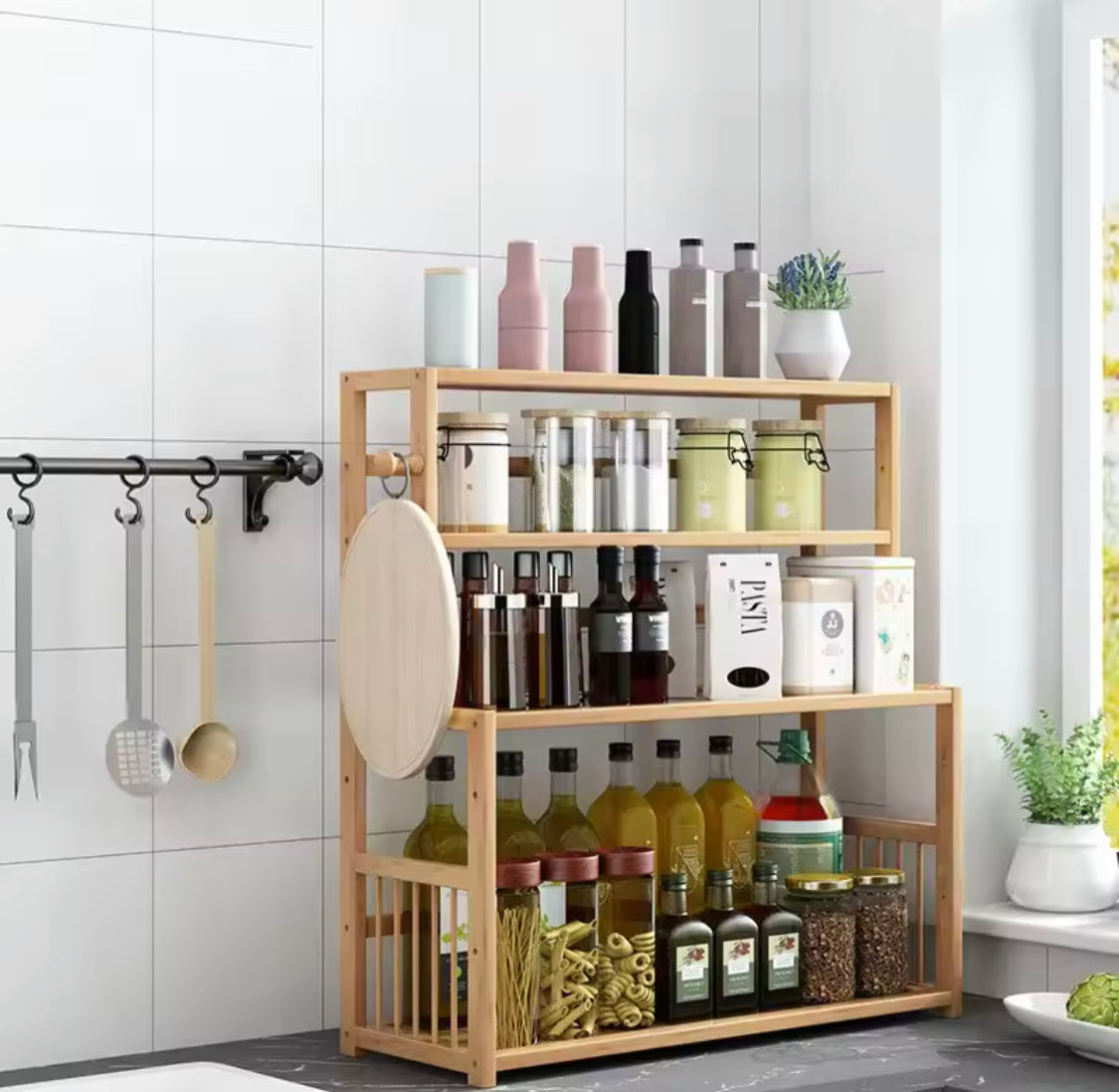 Multi Tier Wooden Bookshelf Organizer, Multifunctional Kitchen Storage Rack, Desktop Sundries Stationery Organizer