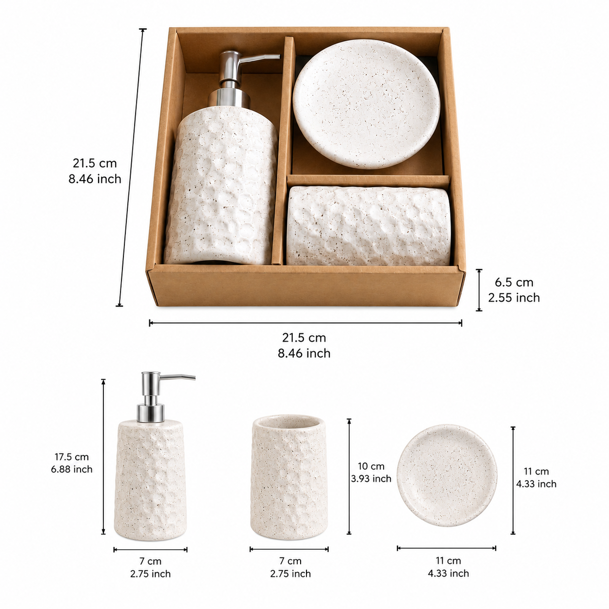 3pcs Ceramic Bathroom Set,     Hammered Texture Ceramic Soap Dispenser, Bath Accessories Set,     Rustic Ceramic Bathroom Essentials Set