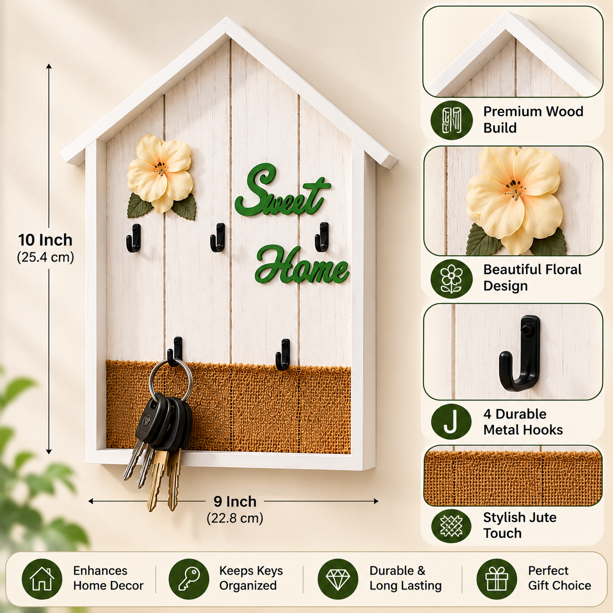 Hut Shaped Wooden Key Holder, Wall Mounted Sweet Home key Organizer, Key Holder For Home Decoration