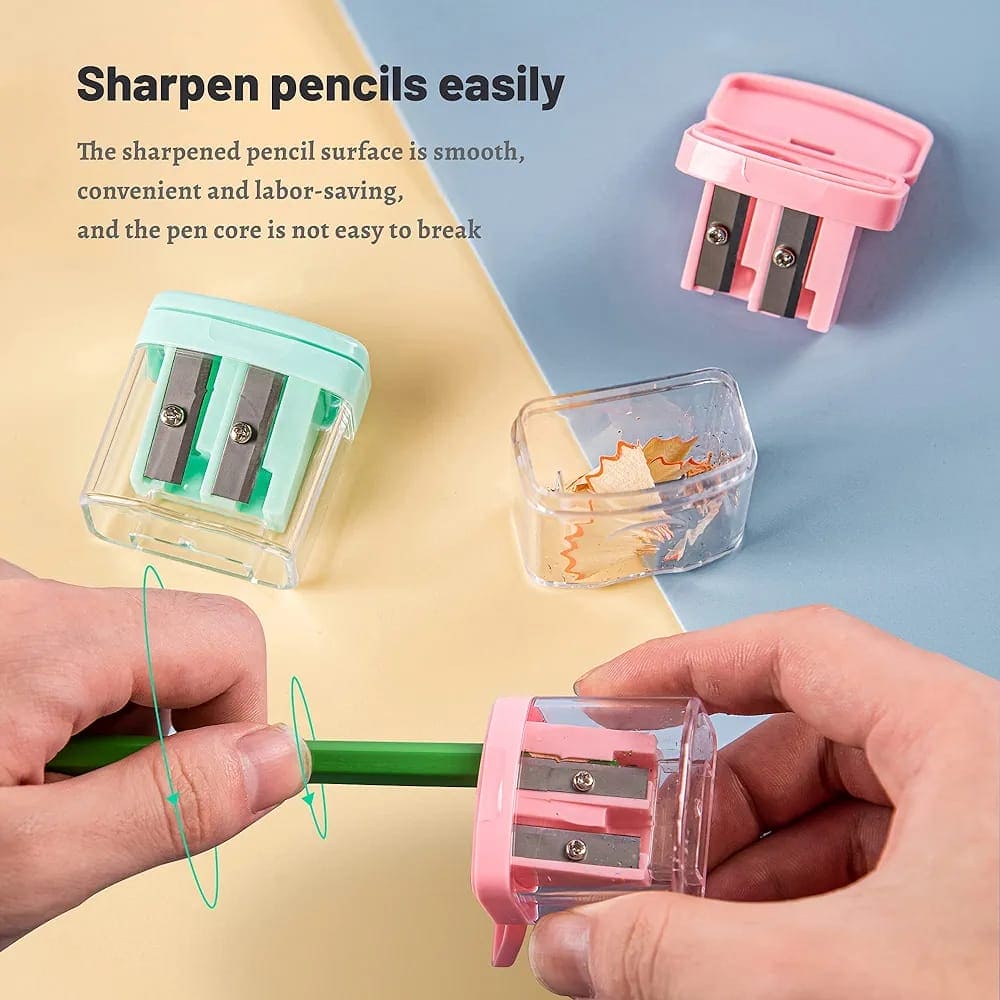 Double Hole Pencil Sharpener, Transparent Standard Pencil Cutting Machine, Manual Pencil Sharpener with Container, Colorful Compact Dual Holes Pencil Sharpener, Handheld Pencil Sharpeners for School Office Supply