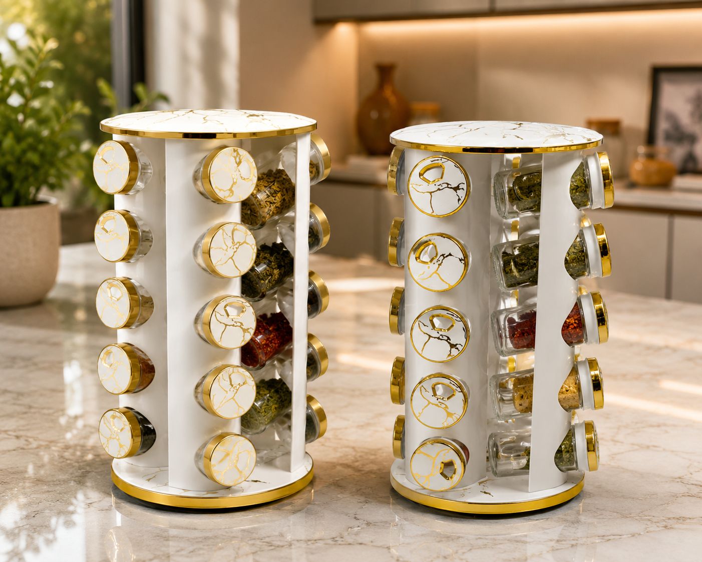 Marble Finish Spice Jar Stand, Modern Rotating Seasoning Organizer, Gold Marble Spice Storage Tower