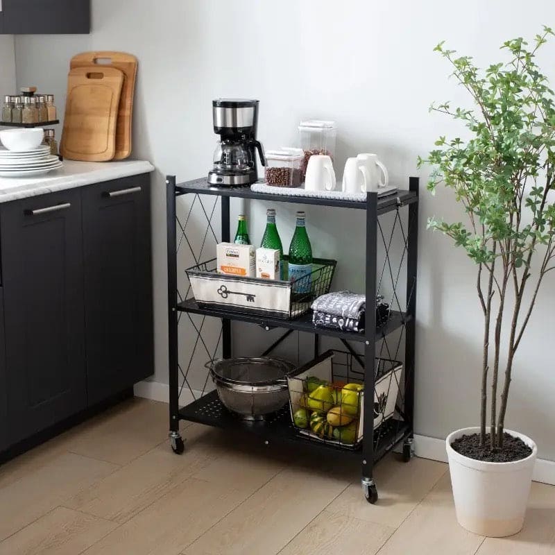 3 Layer Foldable Mobile Wheels Storage Cart, Large Iron Multifunctional Living Room Rack, Multilayer Bookshelf Display Kitchen Storage Rack, Metal Shelving Units Storage Racks with Lockable Wheels, Kitchen Home Space Saving Organizer