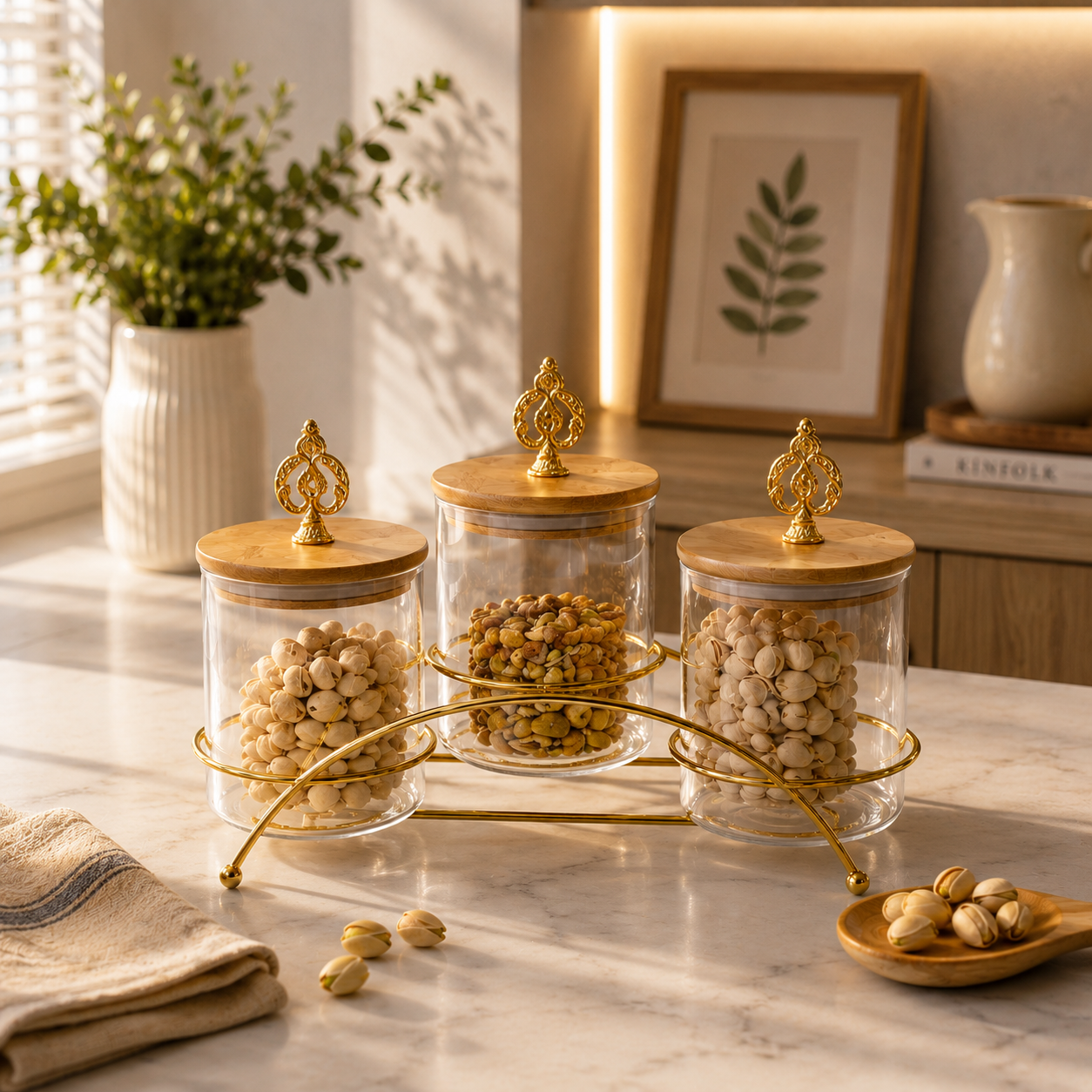 Luxury Glass Storage Jar Set With Gold Stand, Luxury Countertop Glass Canister Set, Premium 3 Piece Glass Storage Jar Set