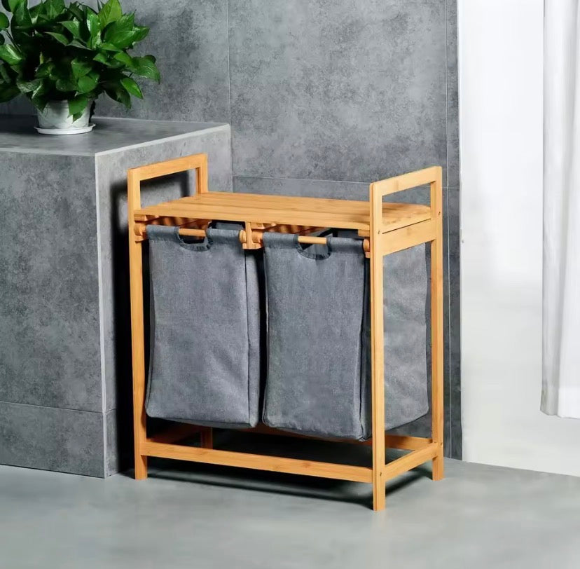 Bamboo Laundry Hamper With Shelf, Dual Compartments Laundry Basket, Multipurpose Storage Rack With Laundry Bags