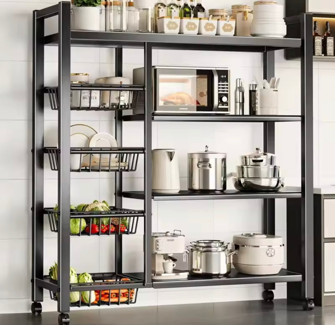 Multi Layer Storage Rolling Cart, Moveable Kitchen Storage Rack With Baskets, Multifunctional Kitchen Organizer