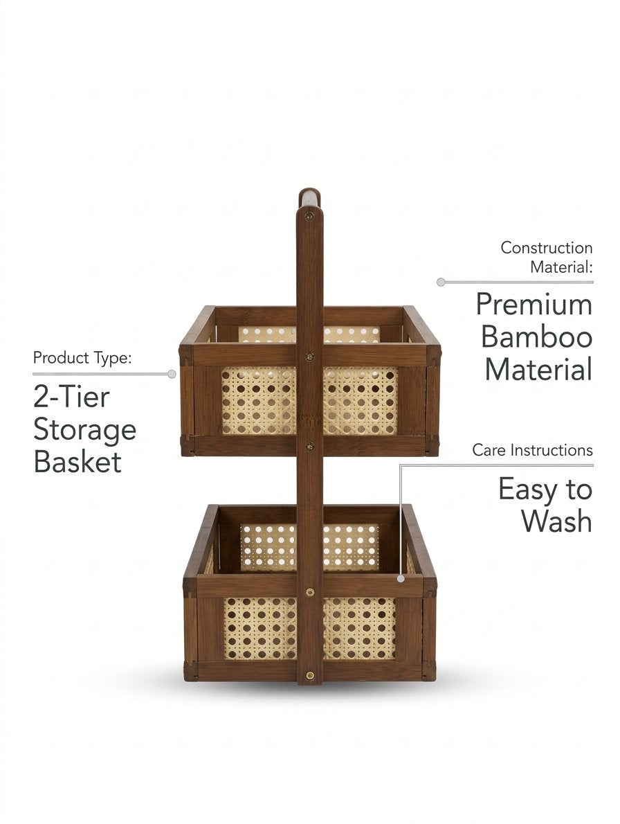 2 Tier Wooden Makeup Storage Organizer, Wooden Vanity Organizer with Woven Cane Design, MultiPurpose Wooden Storage Organizer with Handle