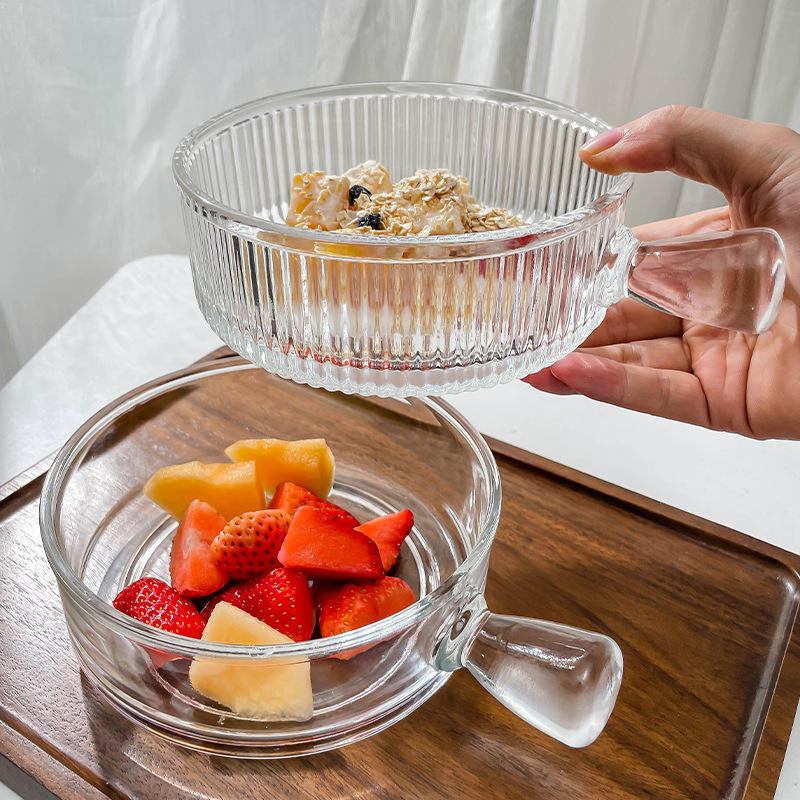 Elegant Ribbed Glass Bowl With Handle, Tableware Glass Salad Bowl, Transparent Glass Food Bowl,     Ribbed Glass Yogurt & Dessert Bowl
