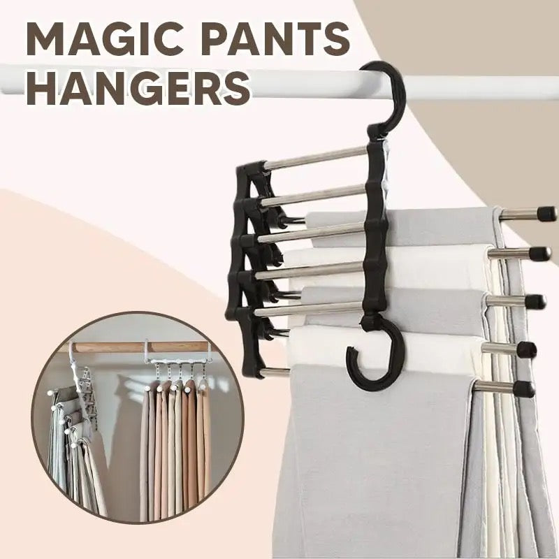 5 In 1 Magic Trouser Rack, Multifunctional Wardrobe Organizer, Multipurpose Clothes Hanger, Telescopic Steel Folding Pants Hanger, Multilayer Jeans Steel Hanger, Adjustable Pants Tie Storage Shelf, Stainless Steel Clothes Hanger