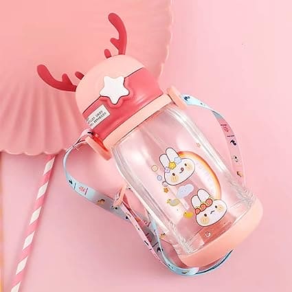 Antler Sipper Water Bottle, Children Portable School Drinking Bottle, 600ml Cartoon Printed Water Bottle, Lovely Cute Water Bottle With Straw, Transparent Dust Proof Clear Straw Bottle, Portable Drink Bottle For Outdoor, Kids Water Sippy Cup