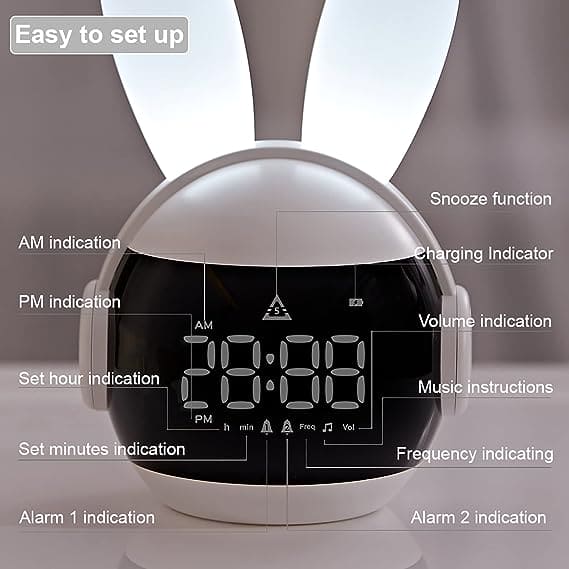 Bunny Alarm Clock, Rabbit Alarm Clock For Girls And Boys, Cute Alarm Clock With Ringtones, Rechargeable Snoozing Night Light Clock