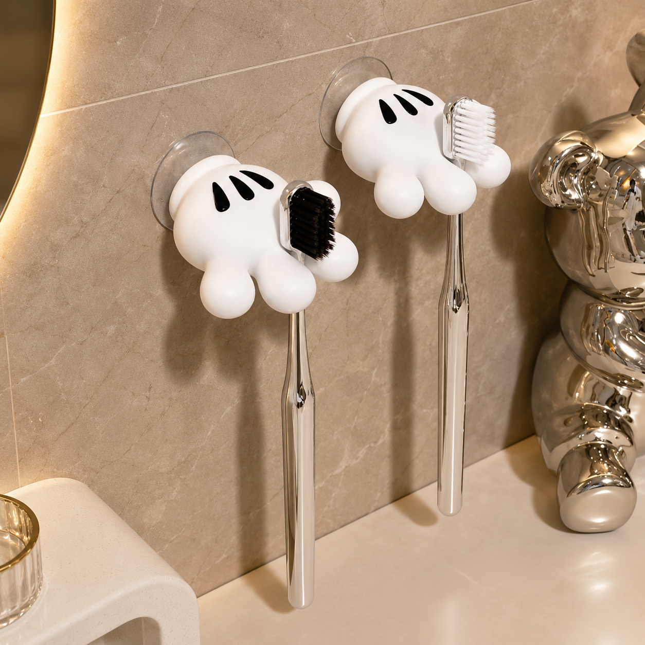 Set Of 2 Mickey Palm Grip Toothbrush Holder, Creative Bathroom Toothbrush Rack, Palm Wall Mounted Cable Holder, Cartoon Hand Self Adhesive Cable Holder