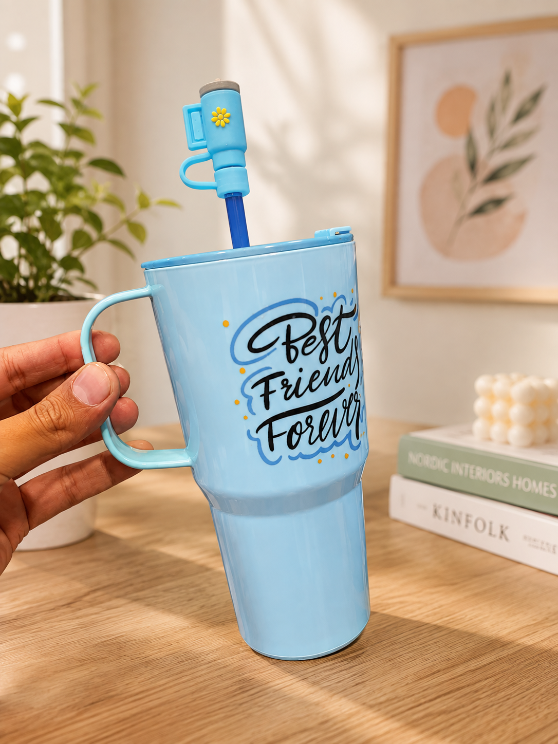Insulated Travel Tumbler with Handle And Straw, Leak Proof Coffee Tumbler, Women Coffee Tumbler With Lid And Straw