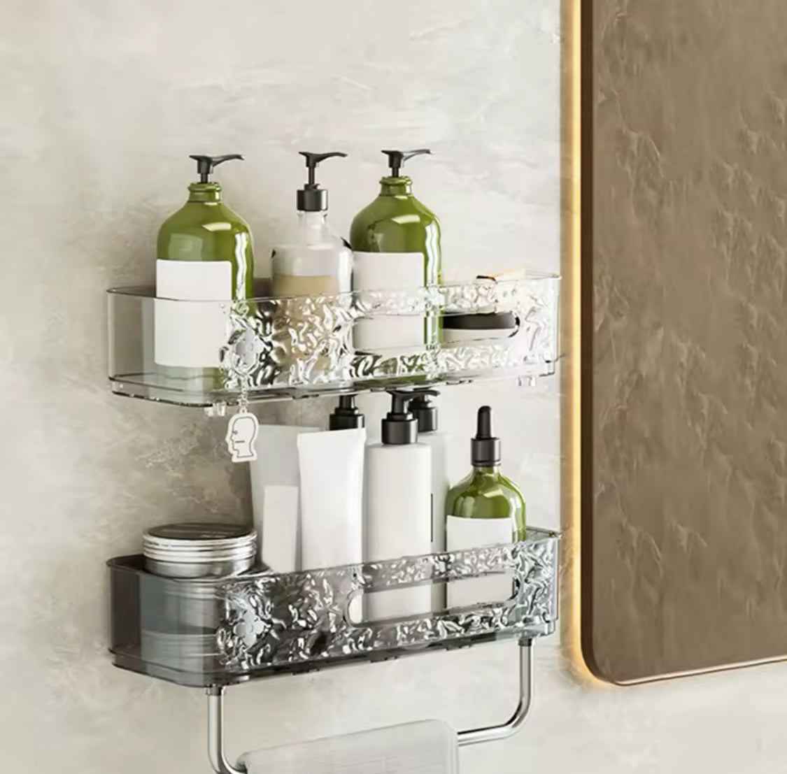 Wall Mounted Storage Rack With Towel Holder, Self Adhesive Transparent Shower Storage Rack, Bathroom Punch Free Storage Rack