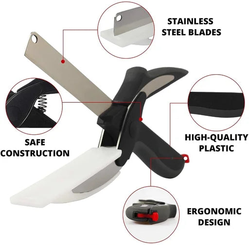 Kitchen Clever Cutter, 2 in 1 Utility Scissor, Pro Hand Held Knife Chopper, Multifunctional Kitchen Scissors knife, Salad Chopper with Built In Cutting Board, Kitchen Knife with Cutting Board