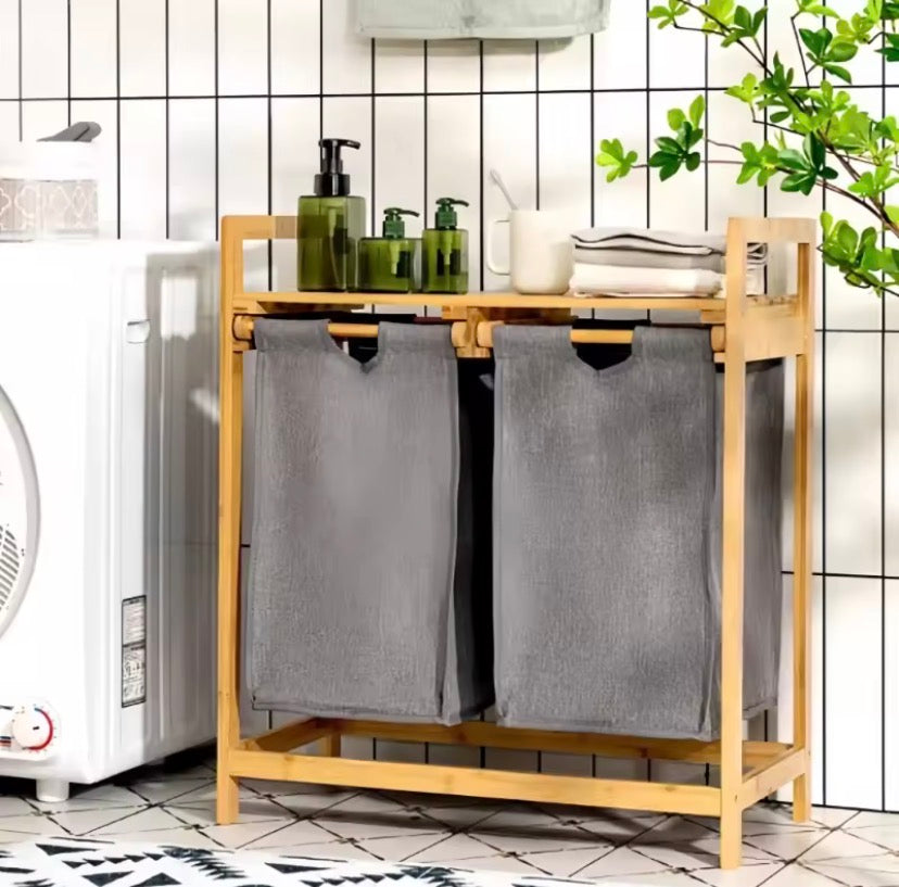 Bamboo Laundry Hamper With Shelf, Dual Compartments Laundry Basket, Multipurpose Storage Rack With Laundry Bags