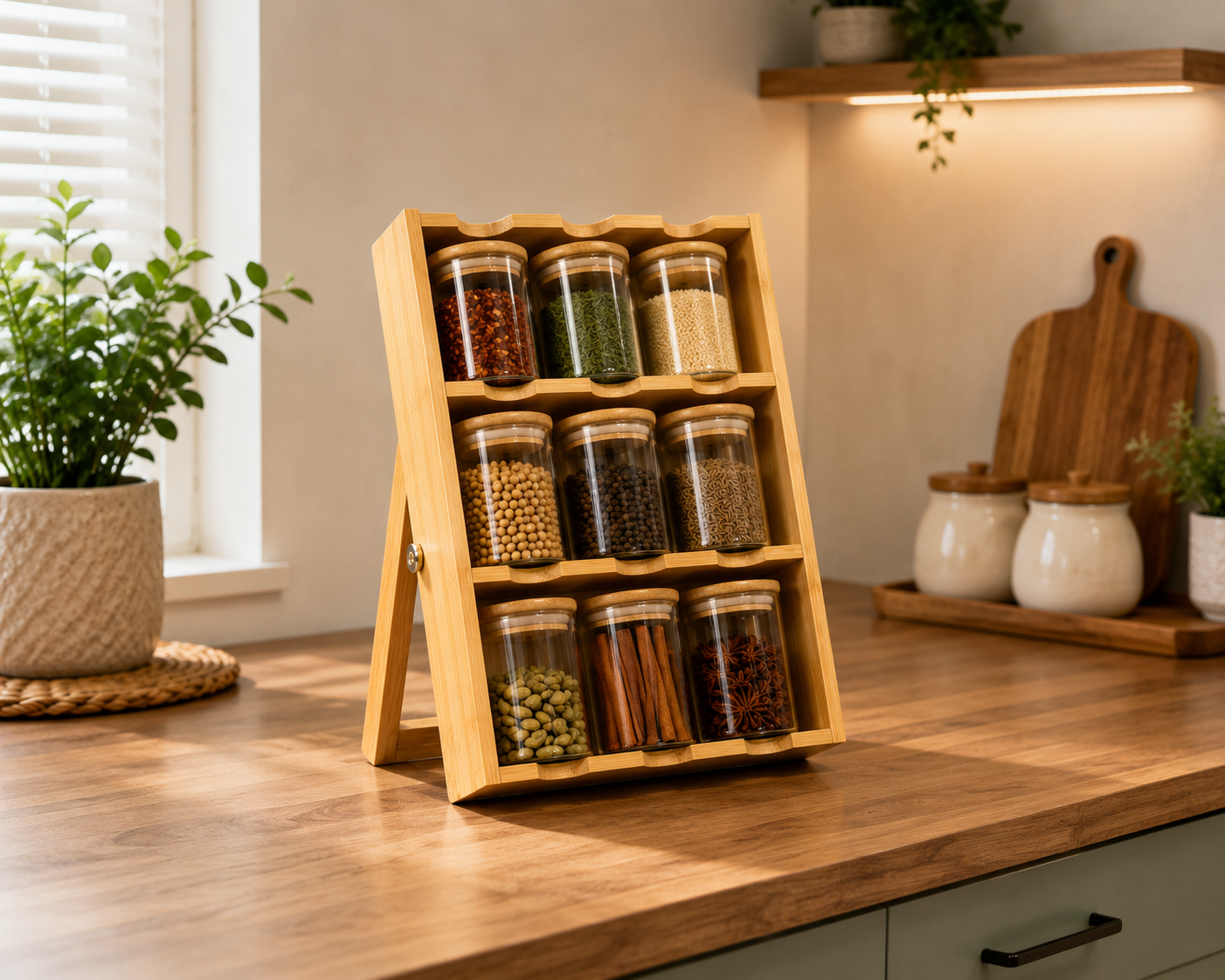 Bamboo Spice Holder Jars, Premium Bamboo Masala Jar Organizer, Wooden Spice Rack With Glass Containers