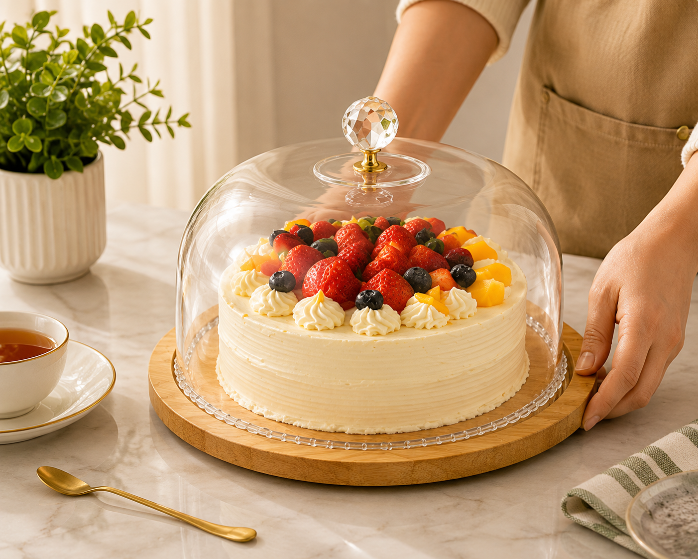 Transparent Cake Display Dome with Wooden Stand, Round Glass Food Display Cover, Decorative Glass Cloche, Food Display Cloche with Wooden Serving Tray