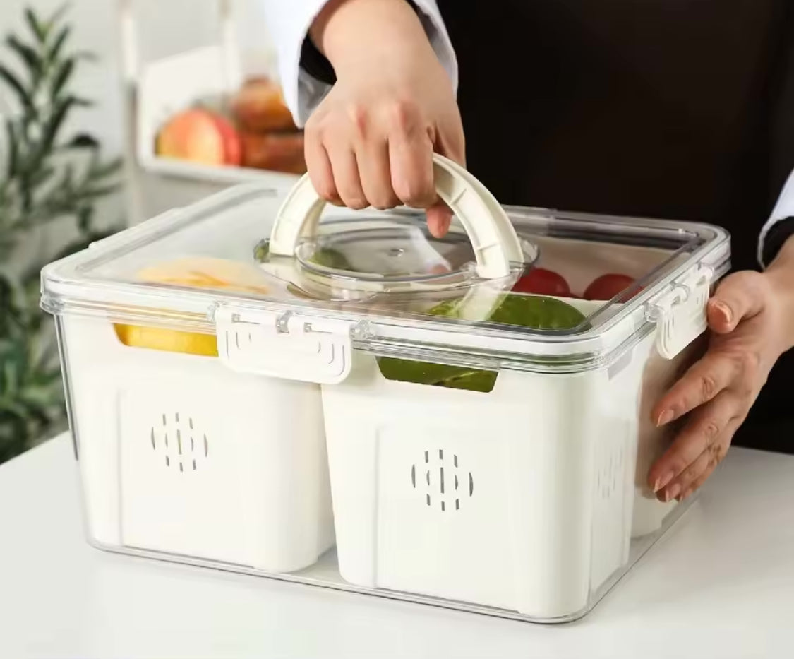 Acrylic 4 Grid Vegetable Storage Box With Handle, Transparent Refrigerator Box, Multi Compartments Fruit Storage Container