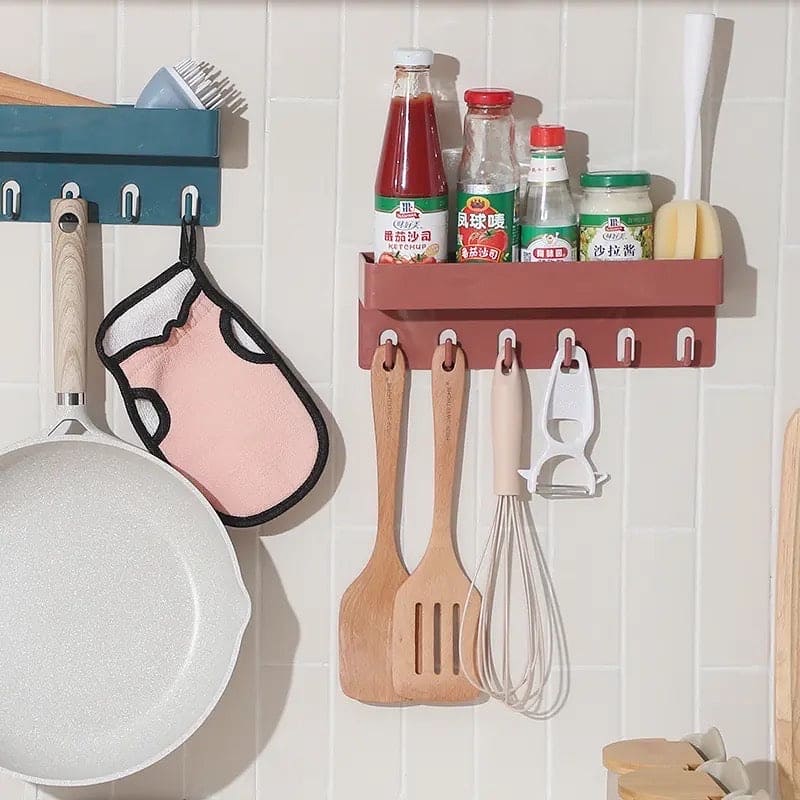 Shower Caddy Basket With Hooks, Wall Mounted Floating Shelf, Multipurpose Countertop Basket, Bathroom Kitchen Storage Rack, Self Adhesive Storage Rack With Hook, Nordic Kitchen Bathroom Rack