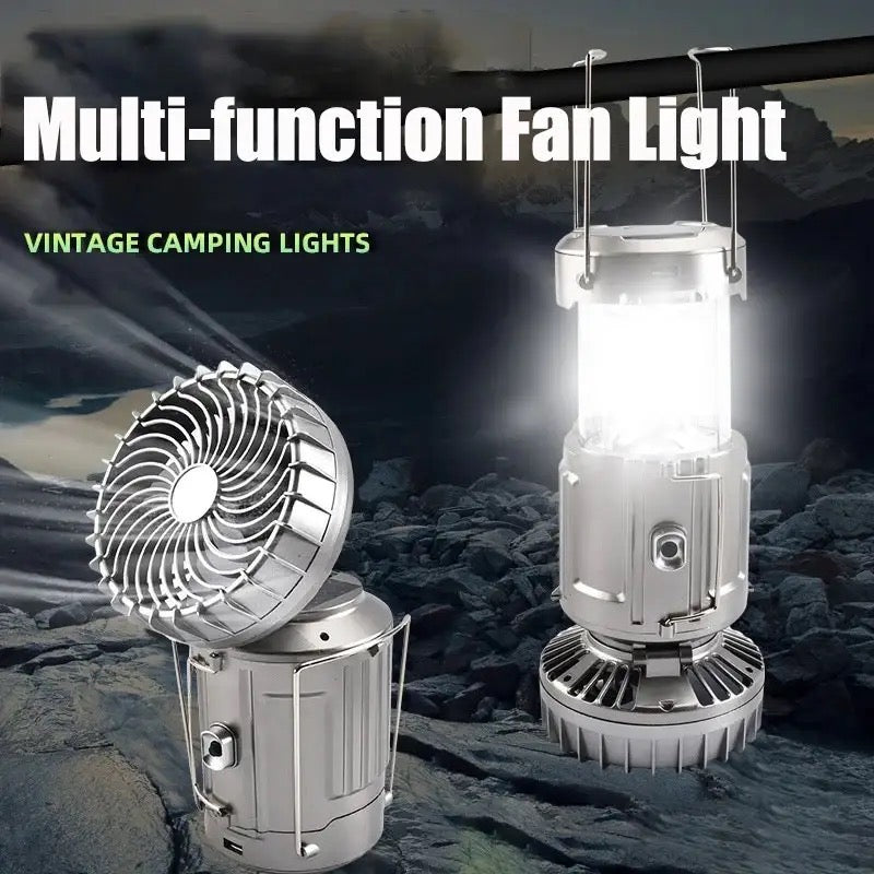 Multifunctional Camping Fan Light, Portable Hanging Tent Fan Light, Electric Fan Solar Powered Camping Fan with LED Lantern, Handheld Foldable Rechargeable Lamp