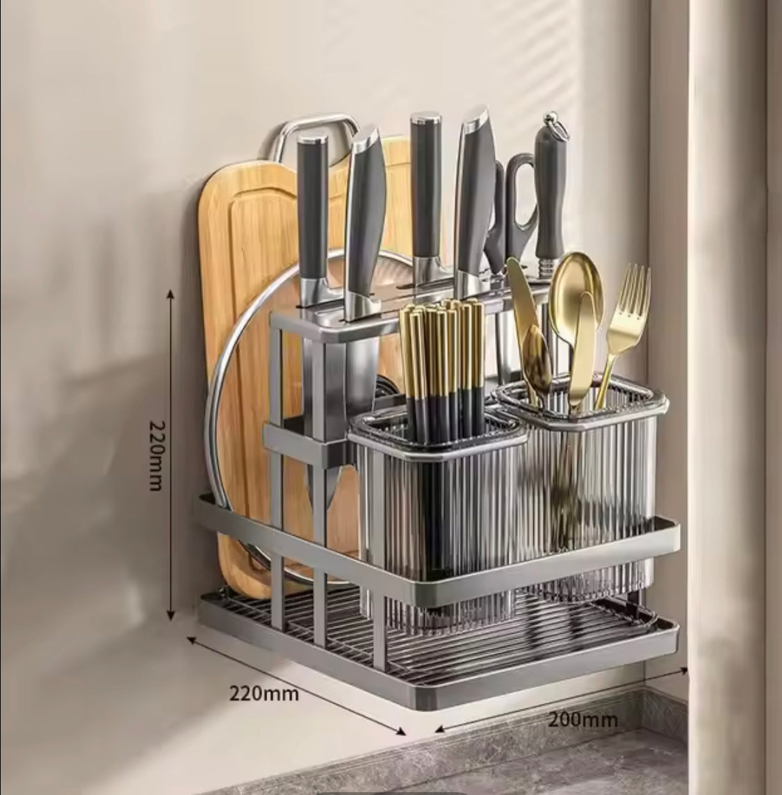 Wall Mounted Cutlery Organizer, Cutlery Organizer With Drain Shelf, Metal Drain Storage Rack