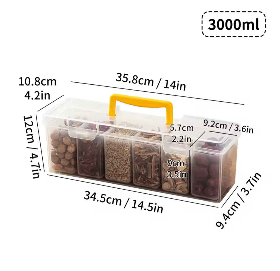 6 Grids Sealed Plastic Storage Box With Handle, Portable Large Capacity Spice Storage Container, Spices Kitchen Organizer