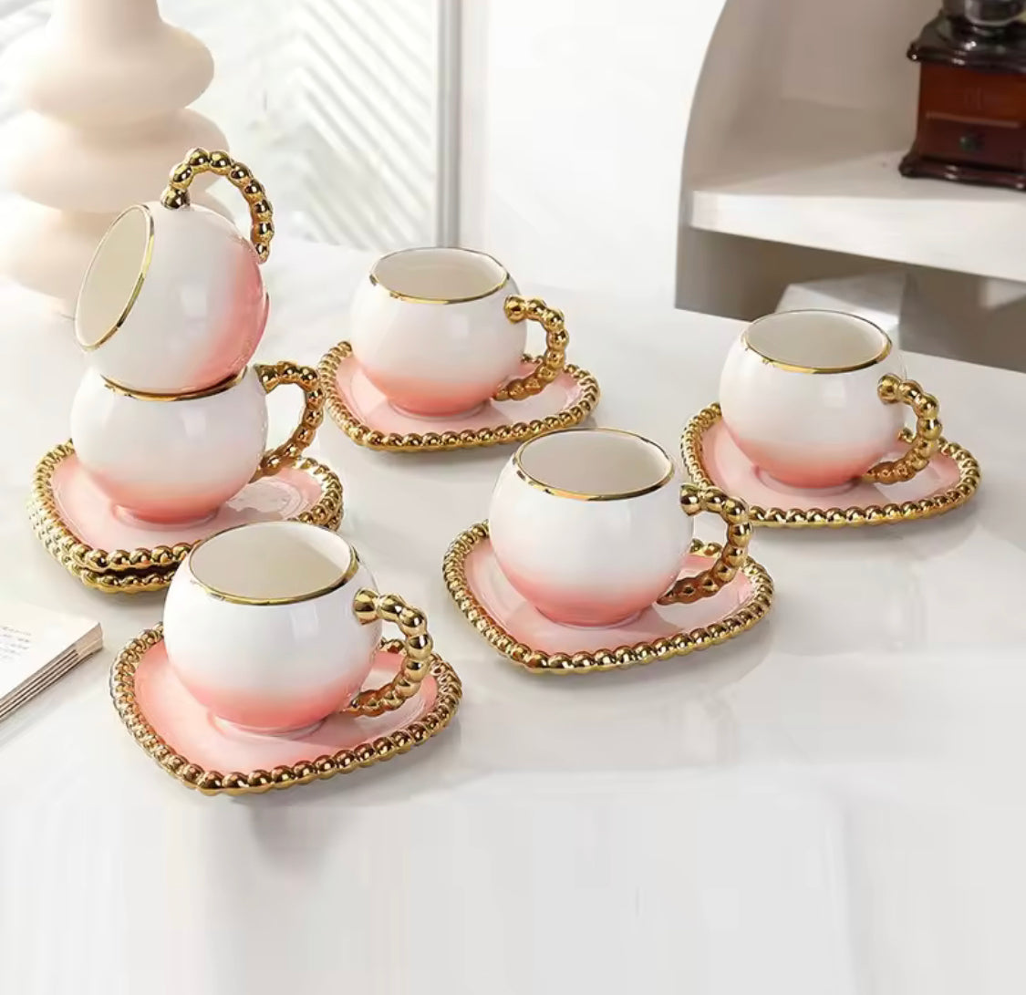 Heart Shaped Porcelain 
Cup And Saucer, Elegant Gold Rim Ceramic Coffee Mug, 250ml Turkish Tea Cup (1pc)