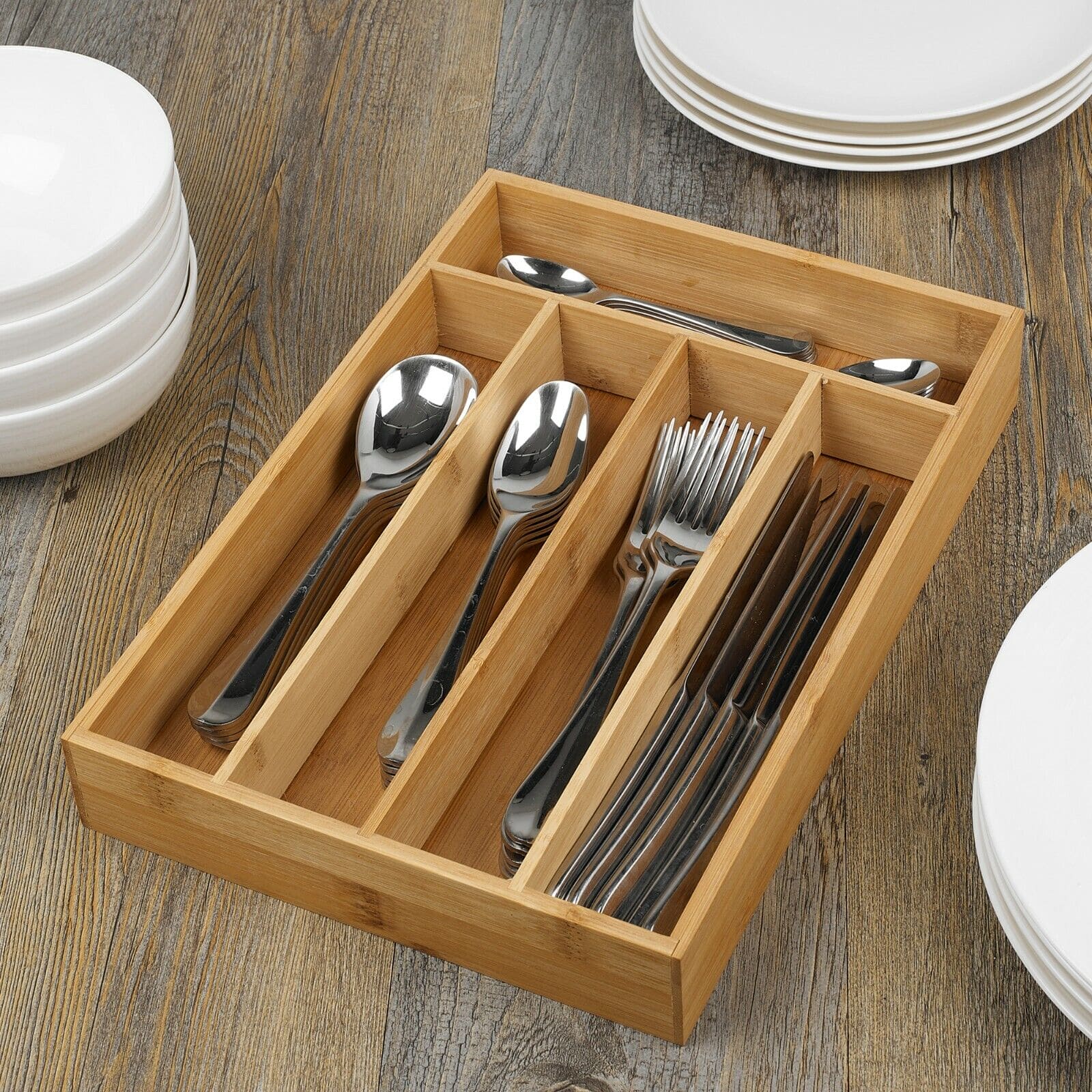 5 Compartment Bamboo Cutlery Tray, Kitchen Drawer Utensils Holder, Wooden Knife Fork Spoon Organizer Case, Bulk Bamboo Cutlery Tray, Drawer Multi Compartment Flatware Tray