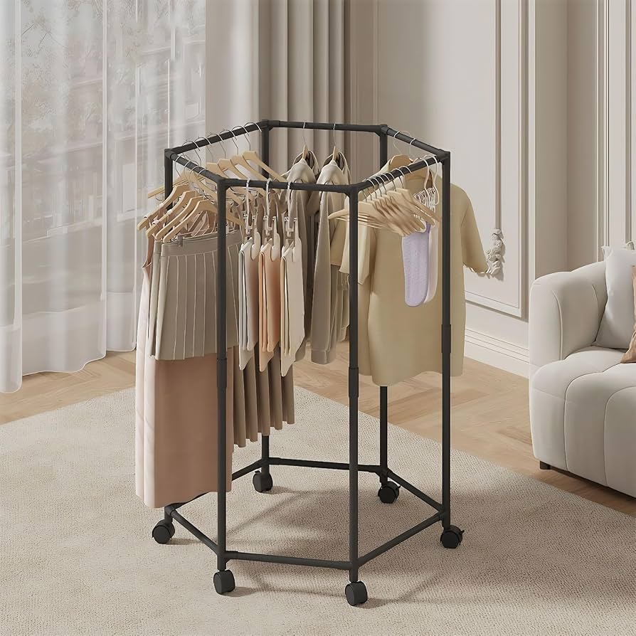 360° Rotating Metal Clothes Stand Rack With Wheels, Multi Purpose Garment Organizer, Rolling Clothes Hanging Rack, Portable Clothes Storage Rack, Space Saving Rolling Clothes Rack