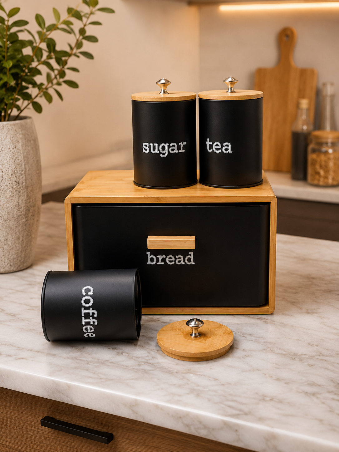 4pcs Nordic Bamboo Bread Box Set, Countertop Bread Box & Sugar Coffee Tea Set, Bamboo Bread Bin with Storage Canisters, Kitchen Counter Organizer Set