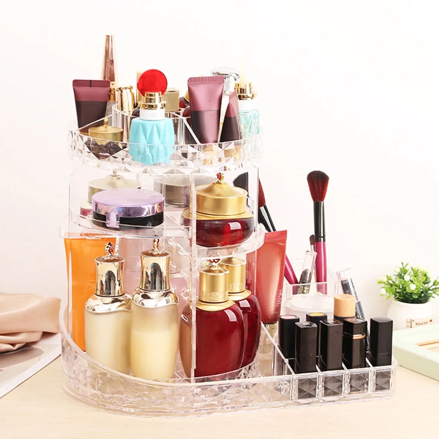 All In One Makeup Organizer, 360 Degree Rotation Makeup Organizer, Crystal Makeup Display Stand, Multifunction Detachable Makeup Beauty Organizer, Adjustable Cosmetic Display Case, Rotatable Transparent Beauty Organizer