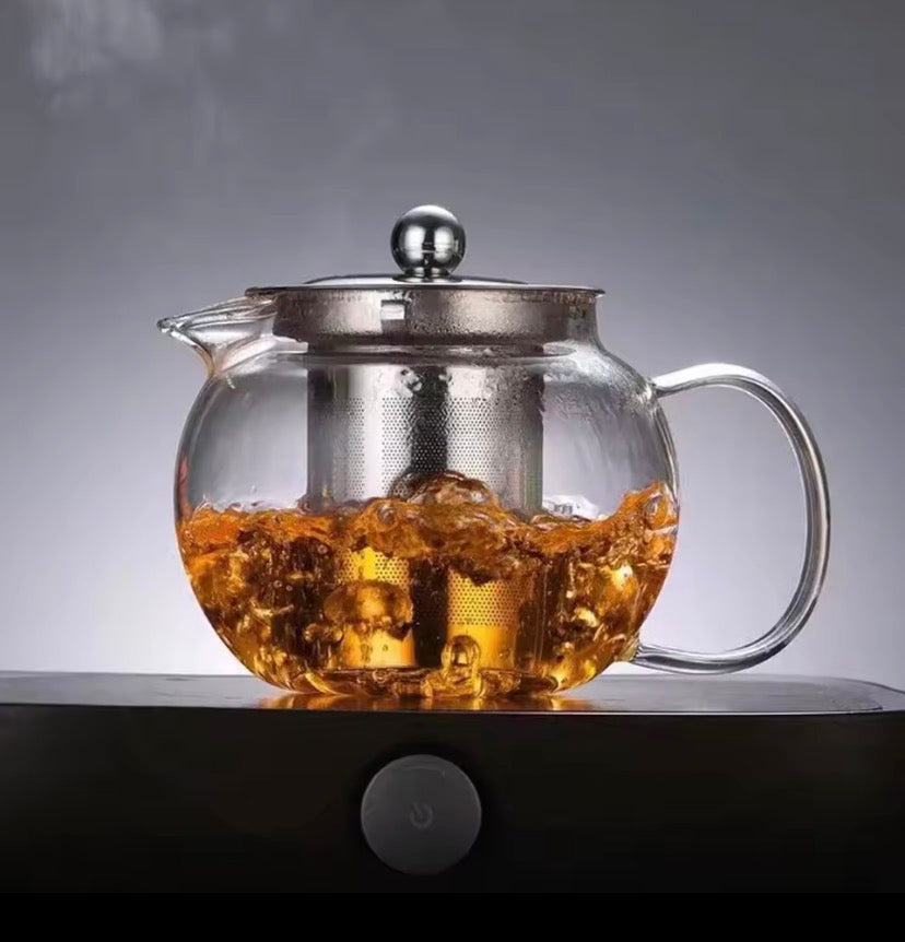 Glass Teapot with Stainless Steel Infuser, Double Wall Glass Tea Infuser Pot, Round Glass Tea Brewing Pot, Transparent Glass Tea Kettle