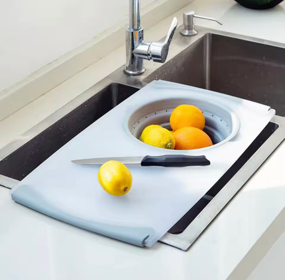 MultiFunctional Cutting Board With Sink Drain Basket, Over The Sink Cutting Board With Strainer, Vegetable Fruit Cutting Board