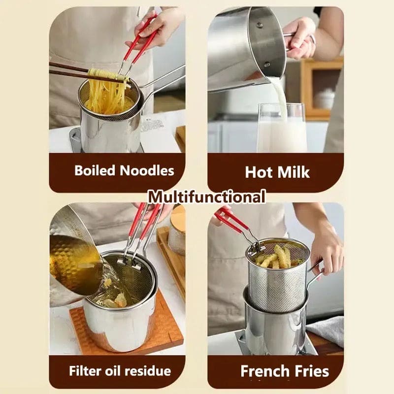 Kitchen Deep Frying Pot, Stainless Steel Kitchen Fryer With Strainer, Multipurpose Fries Fryer Chicken  Deep Frying Pot, Oil Residue Filtration Mesh Colander, Household Fryer with Filter Tempura Frying Pot, Steel Home Fryer Filter Utensil