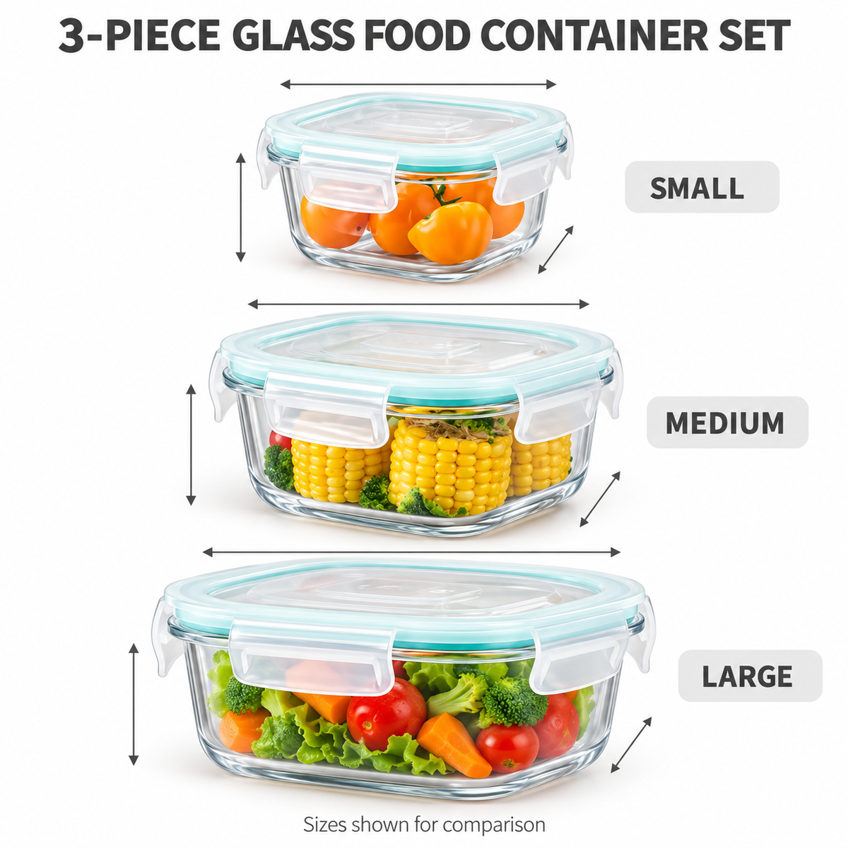 3pcs Glass Food Storage Containers with Lids, Meal Prep Containers, Airtight Bento Boxes with Leak Proof Lock